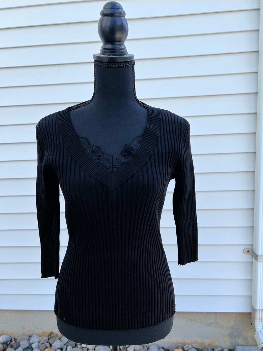 August Silk Black Ribbed V-Neck Sweater with Lace Trim